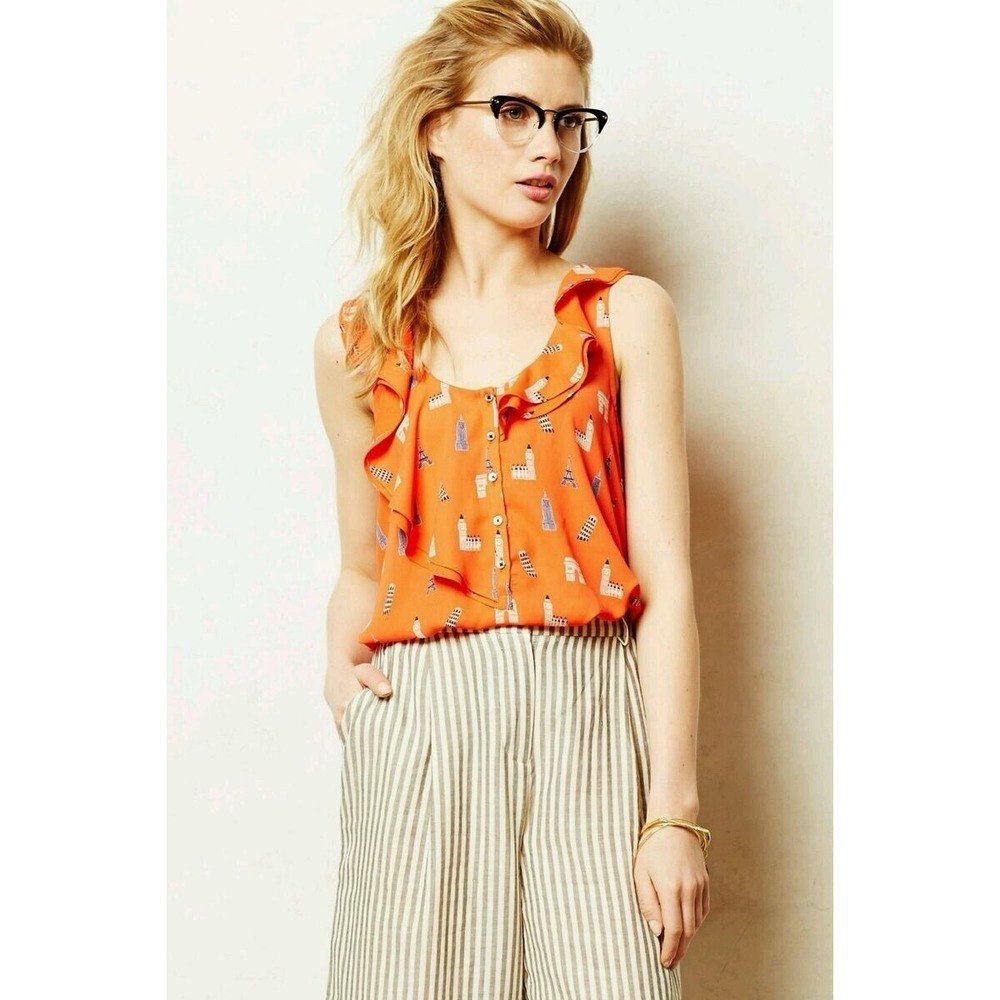 Anthropologie Maeve Aurelie Tank Size 10 Orange Novelty Print Feminine Twee - Picture 10 of 10